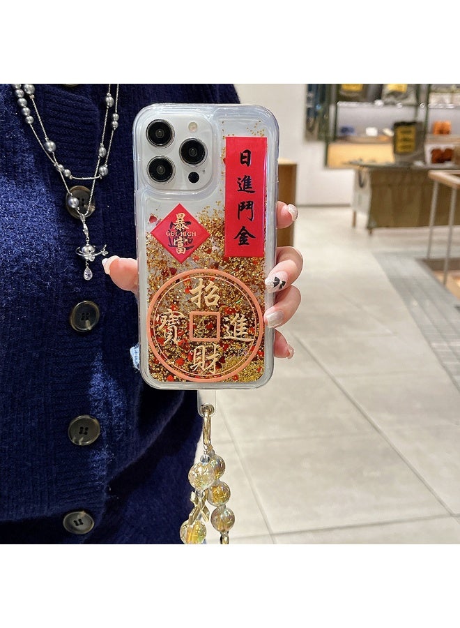 NIBEMINENT New Year Wealth Attraction Flow Protective TPU Case Cover For iPhone 16, Gold Foil Flowing Sand - Bringing Wealth and Treasure With Golden Bow Tie Bracelet - Image 2