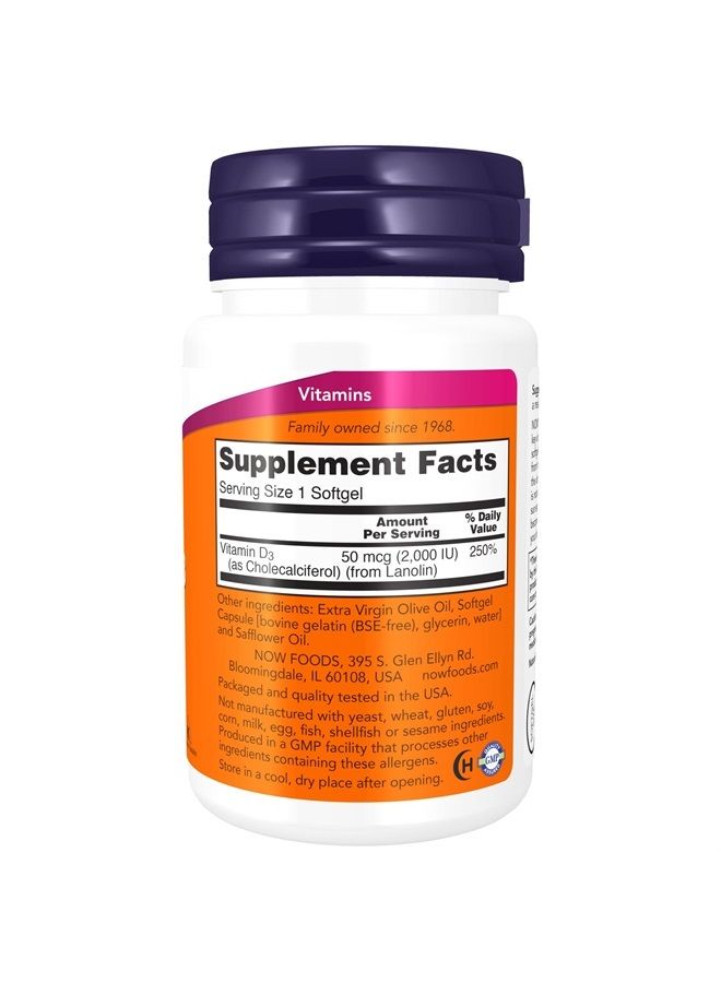 now Supplements, Vitamin D-3 2,000 IU, High Potency, Structural Support*, 30 Softgels - Image 2