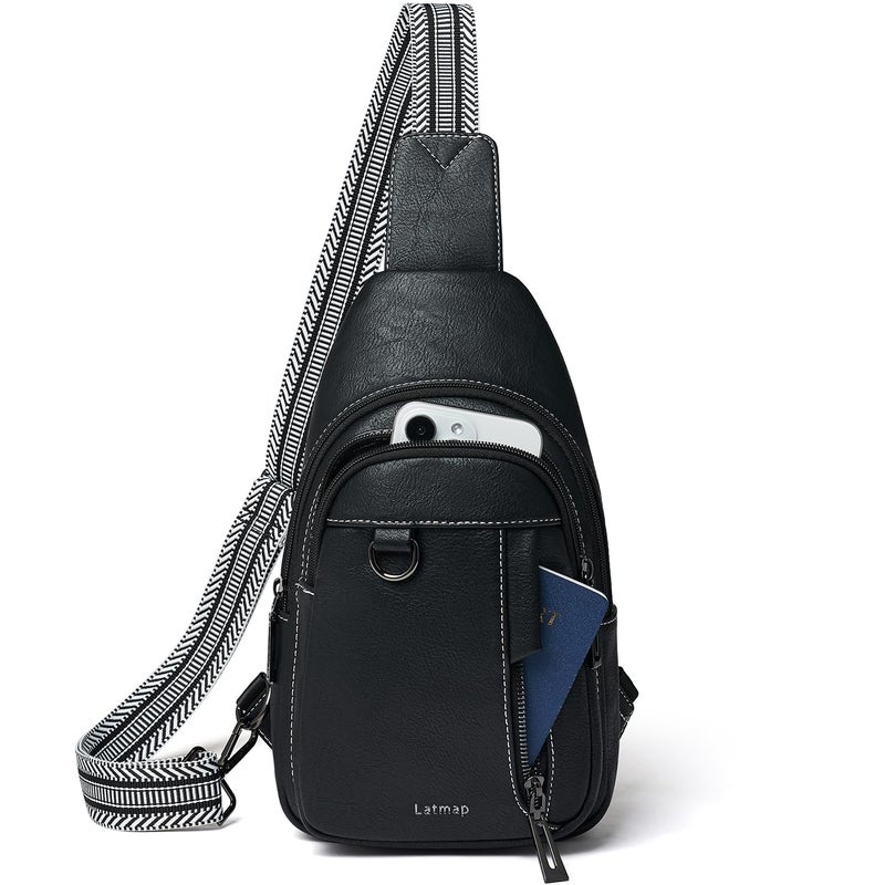 LATMAP 7L Sling Bag for Women Men Leather Small Sling Backpack Daypack Anti Theft Fanny Pack Crossbody Purse Travel,BLACK - Image 1