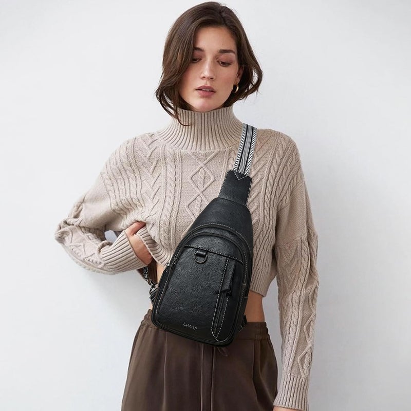 LATMAP 7L Sling Bag for Women Men Leather Small Sling Backpack Daypack Anti Theft Fanny Pack Crossbody Purse Travel,BLACK - Image 3