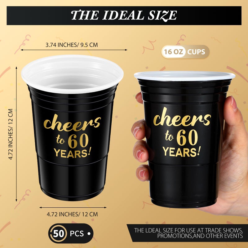 Suttmin 50 Pcs Cheers to 60 Years 16 oz Birthday Party Disposable Cups Black Gold Plastic Tumbler Cups for 60th Birthday Squad Tumblers for Wedding Anniversary Supplies Decorations - Image 1