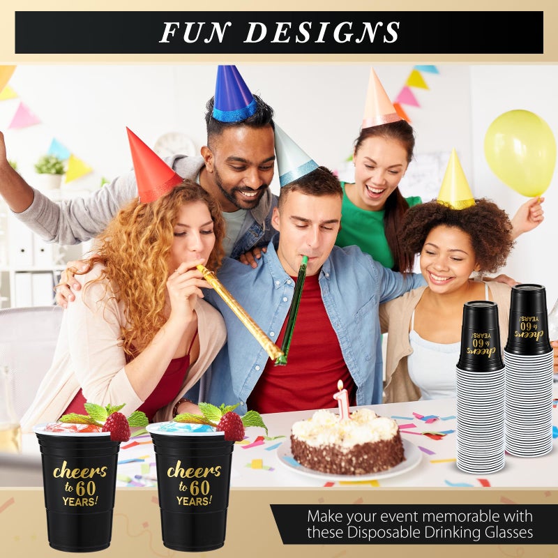 Suttmin 50 Pcs Cheers to 60 Years 16 oz Birthday Party Disposable Cups Black Gold Plastic Tumbler Cups for 60th Birthday Squad Tumblers for Wedding Anniversary Supplies Decorations - Image 3