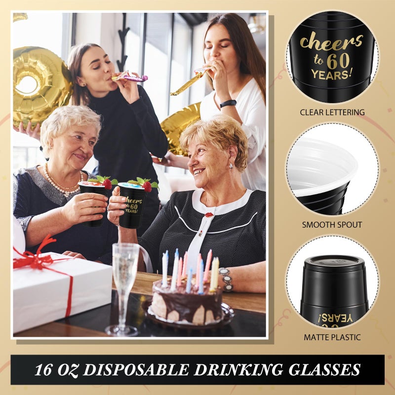 Suttmin 50 Pcs Cheers to 60 Years 16 oz Birthday Party Disposable Cups Black Gold Plastic Tumbler Cups for 60th Birthday Squad Tumblers for Wedding Anniversary Supplies Decorations - Image 2