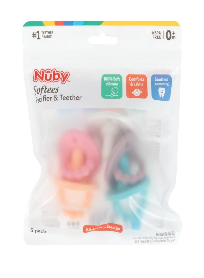 Nuby Silicone Softees Pacifier and Teethers - (5-Pack) Silicone Baby Pacifiers and Teethers - 0+ Months - Assorted Pastel Colors - Image 3