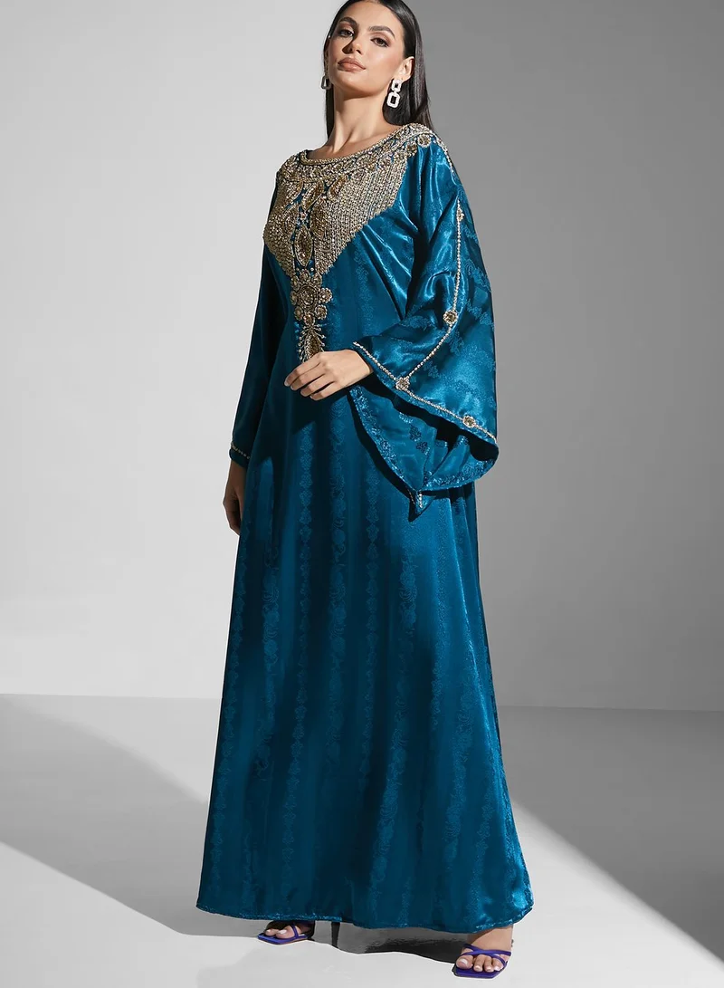 ARABIAN CLOSET Embellished Printed Jalabiya