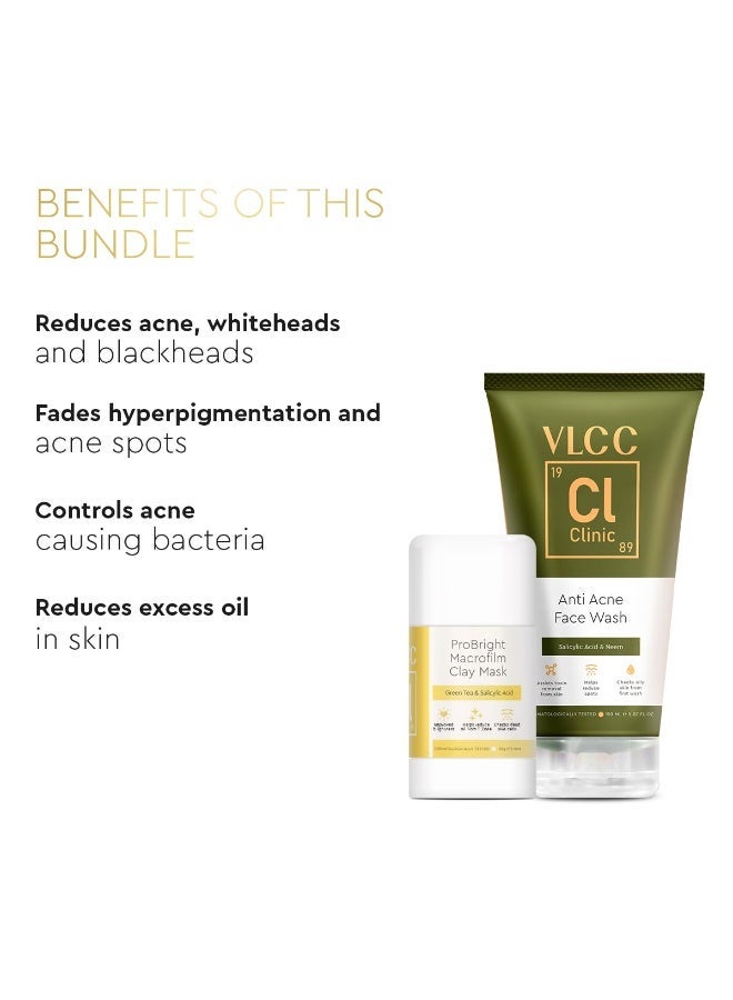 VLCC Clinic Acne and Oil Control Combo for Acne and Oil Control - Anti-Acne Face Wash - 150ml with Salicylic Acid and Neem + Pro Bright Macrofilm Clay Mask - 50g with Salicylic Acid and Green Tea - Image 3