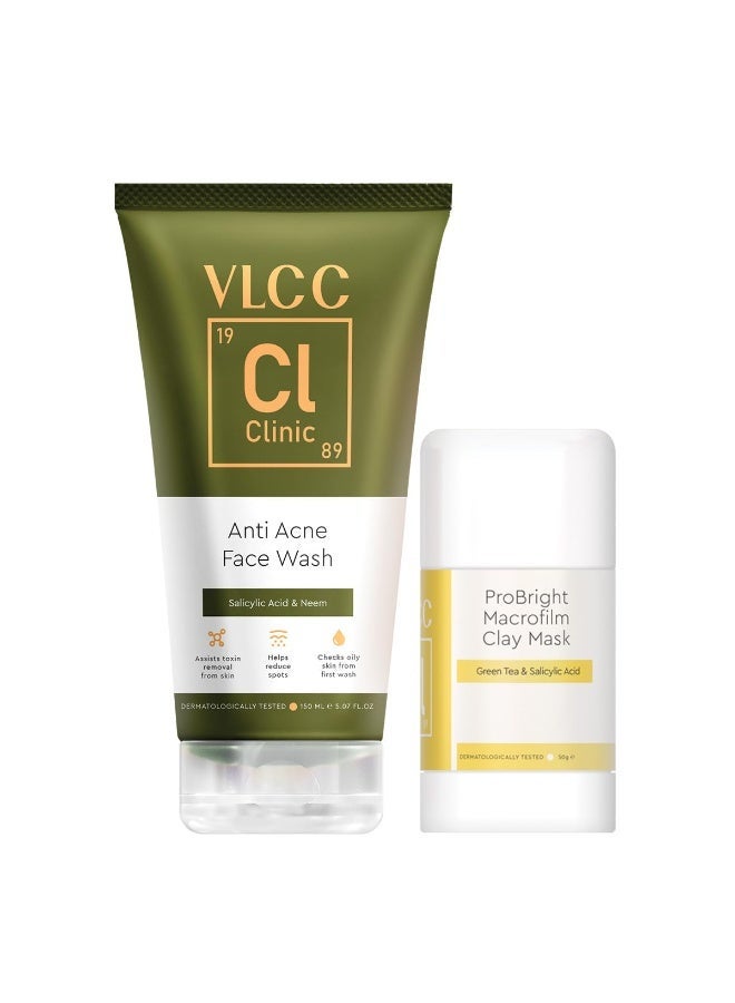 VLCC Clinic Acne and Oil Control Combo for Acne and Oil Control - Anti-Acne Face Wash - 150ml with Salicylic Acid and Neem + Pro Bright Macrofilm Clay Mask - 50g with Salicylic Acid and Green Tea - Image 1