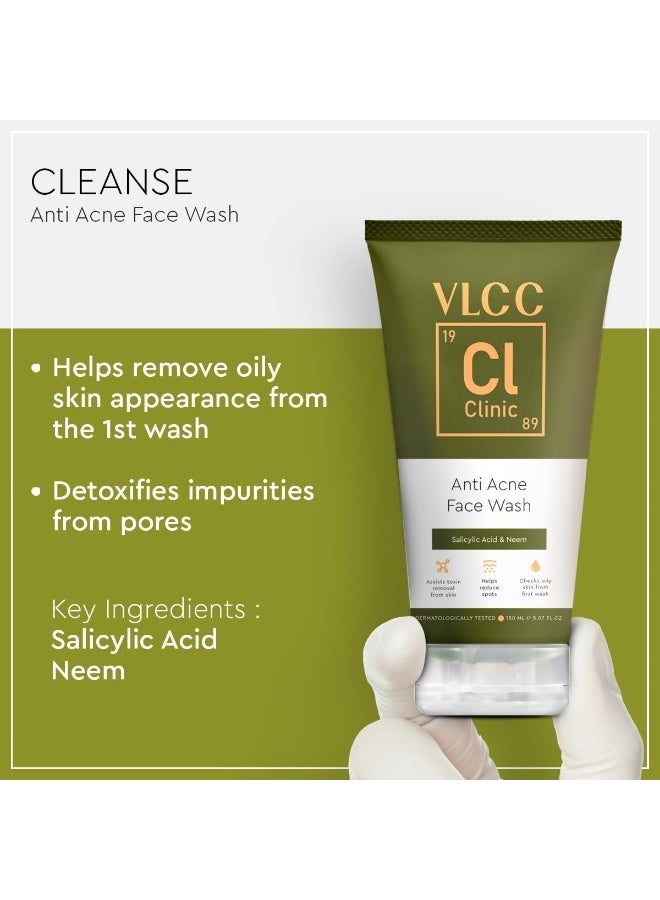 VLCC Clinic Acne and Oil Control Combo for Acne and Oil Control - Anti-Acne Face Wash - 150ml with Salicylic Acid and Neem + Pro Bright Macrofilm Clay Mask - 50g with Salicylic Acid and Green Tea - Image 2