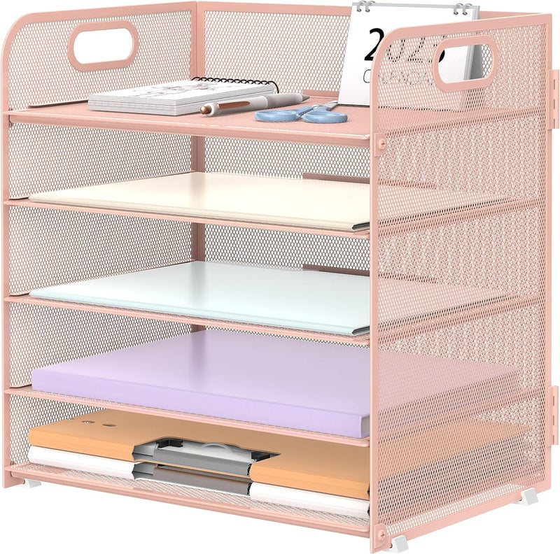 SUPEASY 5 Trays Paper Organizer Letter Tray with Handle-Mesh Desk File Organizer,Pink Paper Sorter Desk Organizer for Office, Home or School - Image 1