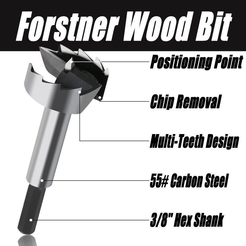 Vearter 16PCS Forstner Drill Bit Set, 1/4'' to 2-1/8'' HCS Multi-Tooth Woodworking Tools with Hex Shank, Hole Saw Cutter Hinge Boring Bit Kit for Solid Wood, MDF, Particleboard - Image 4