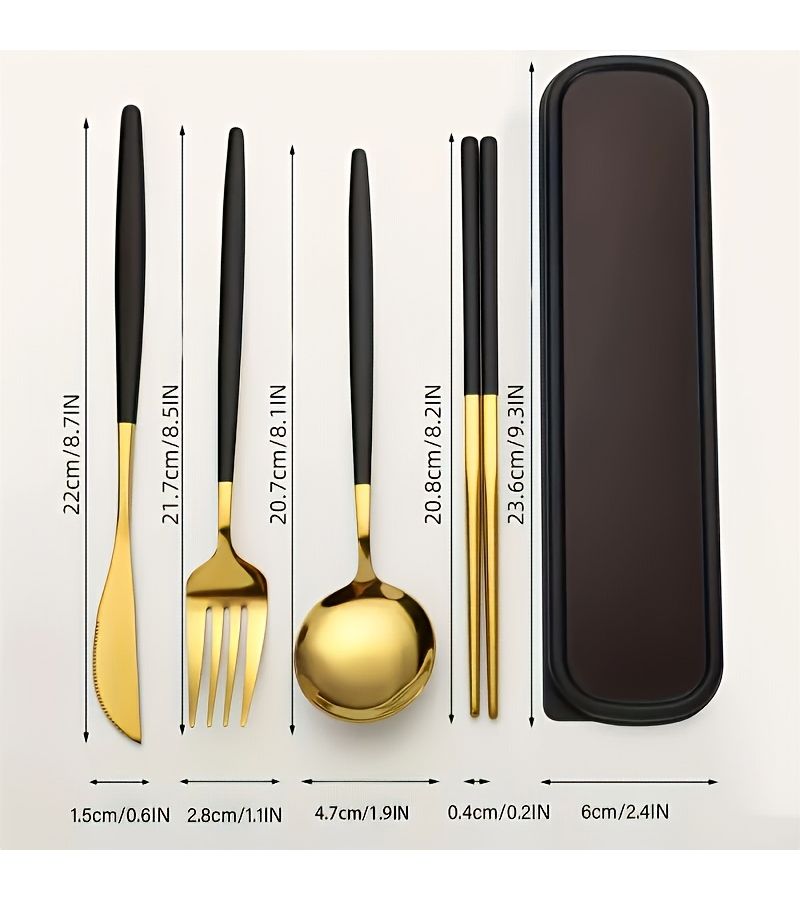 5pcs Stainless Steel Portable Cutlery Set Silvery Black Mirror Polished Multi Scene Use Dinner Knife Dinner Spoon Dinner Fork Chopsticks Storage Box Ideal for Carry Out Office Workers Student Tableware Parties And Weddings Christmas - Image 3
