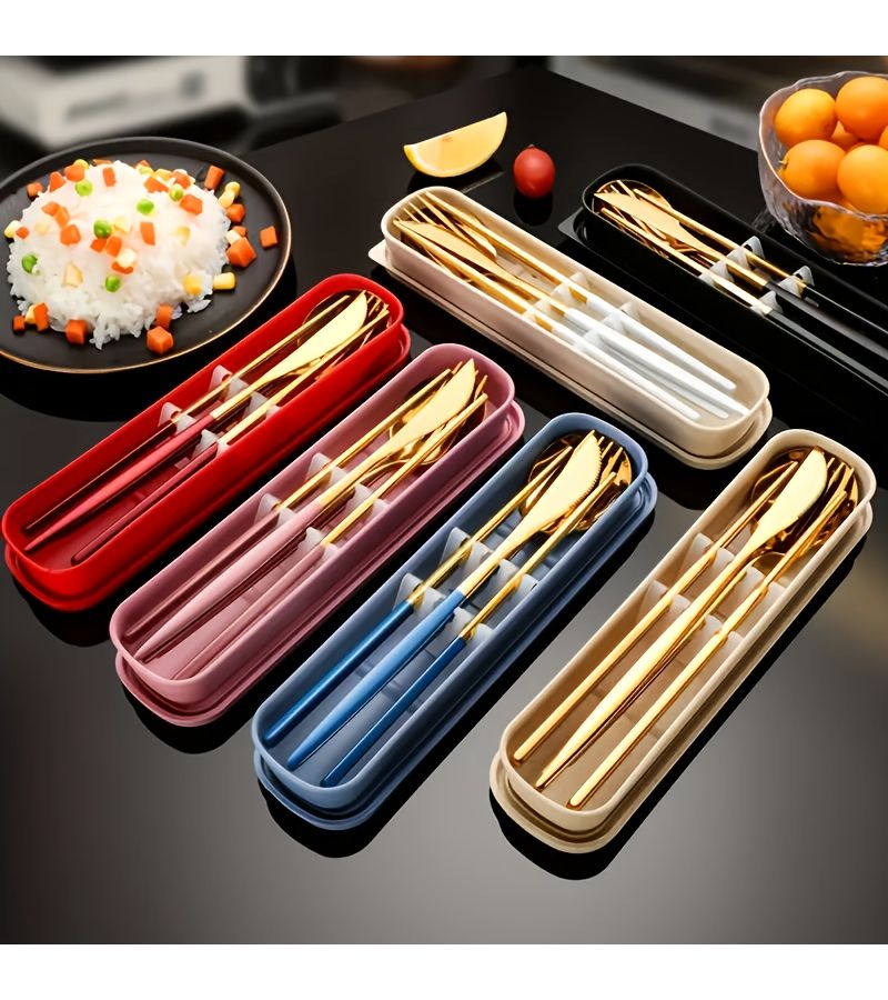 5pcs Stainless Steel Portable Cutlery Set Silvery Black Mirror Polished Multi Scene Use Dinner Knife Dinner Spoon Dinner Fork Chopsticks Storage Box Ideal for Carry Out Office Workers Student Tableware Parties And Weddings Christmas - Image 2