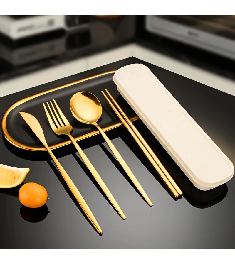 5pcs Stainless Steel Portable Cutlery Set Silvery Black Mirror Polished Multi Scene Use Dinner Knife Dinner Spoon Dinner Fork Chopsticks Storage Box Ideal for Carry Out Office Workers Student Tableware Parties And Weddings Christmas - Image 4