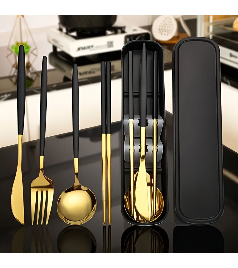 5pcs Stainless Steel Portable Cutlery Set Silvery Black Mirror Polished Multi Scene Use Dinner Knife Dinner Spoon Dinner Fork Chopsticks Storage Box Ideal for Carry Out Office Workers Student Tableware Parties And Weddings Christmas - Image 1