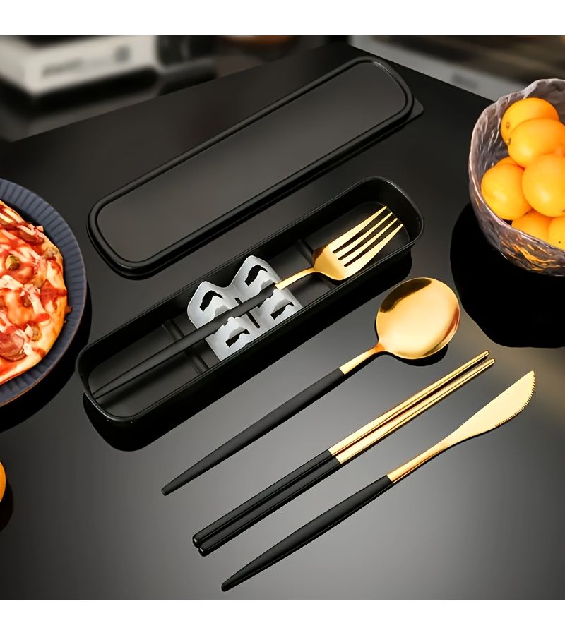 5pcs Stainless Steel Portable Cutlery Set Silvery Black Mirror Polished Multi Scene Use Dinner Knife Dinner Spoon Dinner Fork Chopsticks Storage Box Ideal for Carry Out Office Workers Student Tableware Parties And Weddings Christmas - Image 5