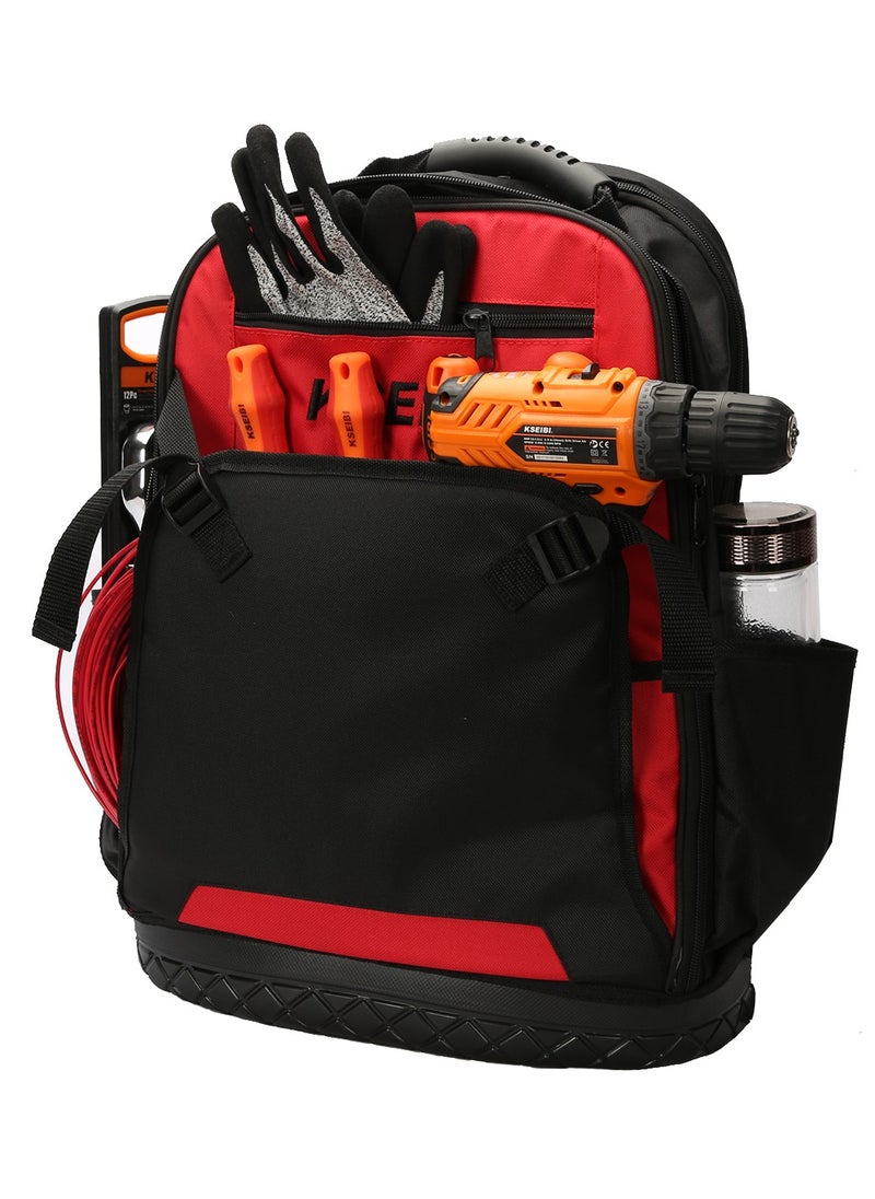 KSEIBI Tool Back Pack, Red & Black, Oxford Cloth, Shoulder Straps with Extra Padding and Handles for Easy Carrying, Organization, for Organize a Wide Variety of Tools and Accessories.  - Image 2