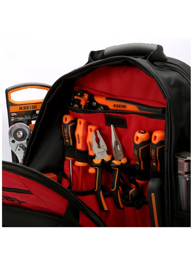 KSEIBI Tool Back Pack, Red & Black, Oxford Cloth, Shoulder Straps with Extra Padding and Handles for Easy Carrying, Organization, for Organize a Wide Variety of Tools and Accessories.  - Image 5