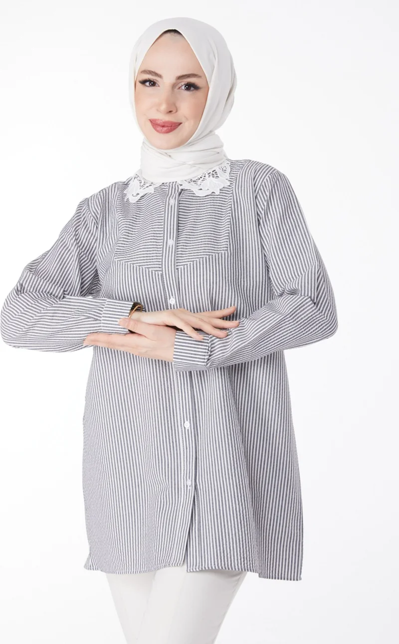 Tofisa Plain Shirt Collar Women's Black Shirt - 25083