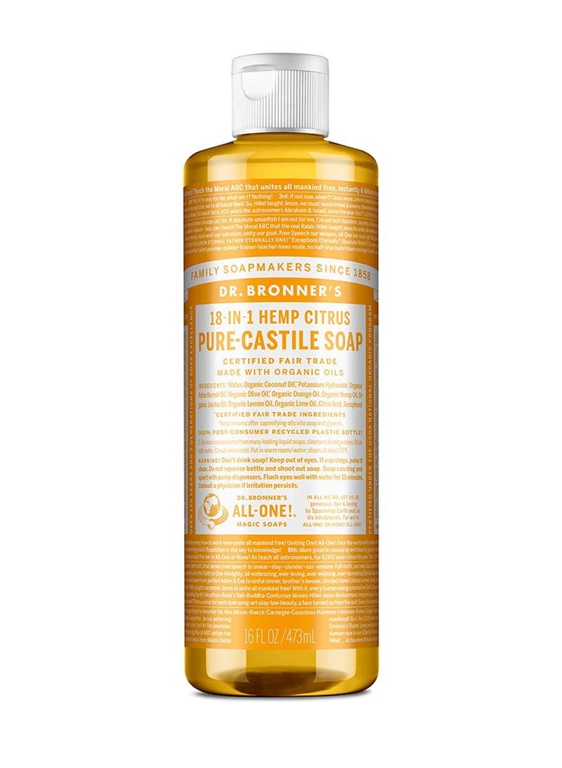 Dr. Bronner's Pure-Castile Liquid Soap (Citrus, 16 ounce) - Made with Organic Oils, 18-in-1 Uses: Face, Body, Hair, Laundry, Pets and Dishes, Concentrated, Vegan, Non-GMO - Image 1