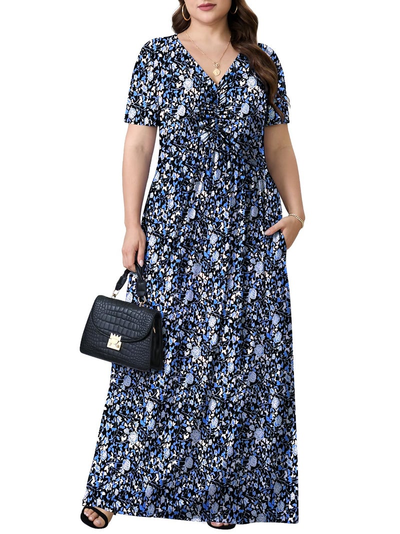 PEVRL Plus Size Maxi Dresses for Women Summer Casual Short Sleeve Long Dress with Pockets Black Blue Rose 3X - Image 2