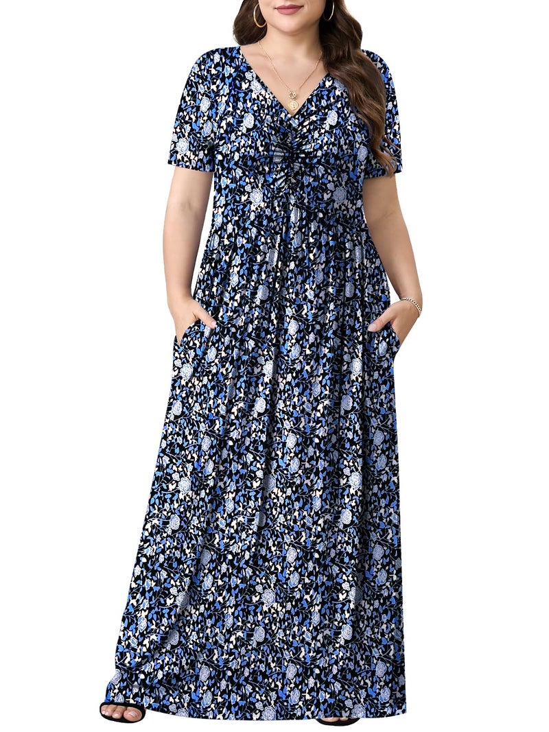 PEVRL Plus Size Maxi Dresses for Women Summer Casual Short Sleeve Long Dress with Pockets Black Blue Rose 3X - Image 1