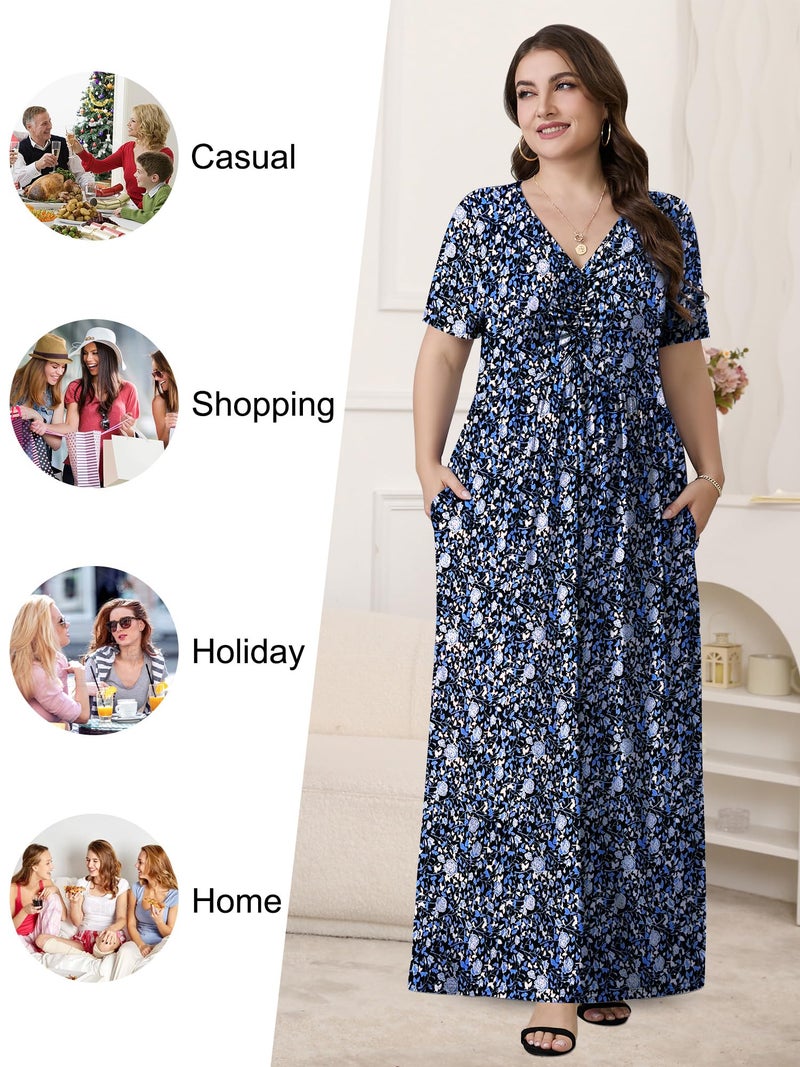 PEVRL Plus Size Maxi Dresses for Women Summer Casual Short Sleeve Long Dress with Pockets Black Blue Rose 3X - Image 4