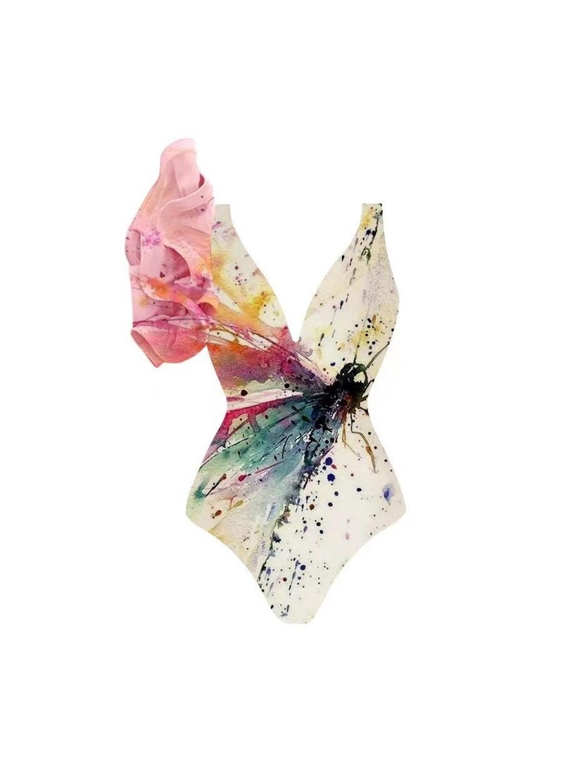 Y&D 2-Piece Women Single Shoulder Lotus Leaf Edge Printed Swimsuit With Skirt Holiday Beach Dress Female Retro Swimwear Vintage Surf Wear Summer  - Image 2