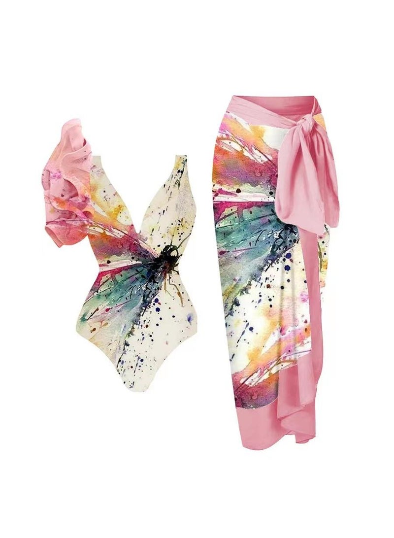 Y&D 2-Piece Women Single Shoulder Lotus Leaf Edge Printed Swimsuit With Skirt Holiday Beach Dress Female Retro Swimwear Vintage Surf Wear Summer  - Image 1