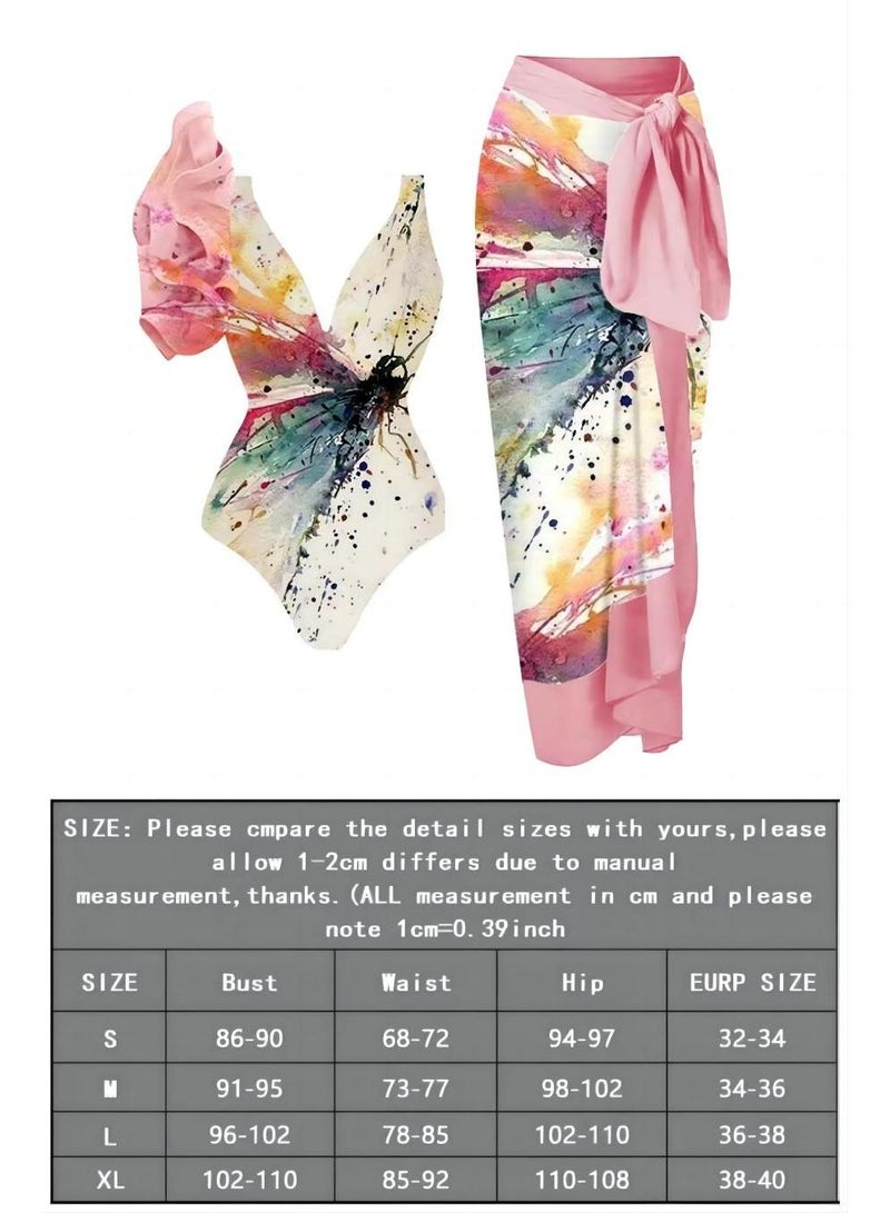 Y&D 2-Piece Women Single Shoulder Lotus Leaf Edge Printed Swimsuit With Skirt Holiday Beach Dress Female Retro Swimwear Vintage Surf Wear Summer  - Image 4