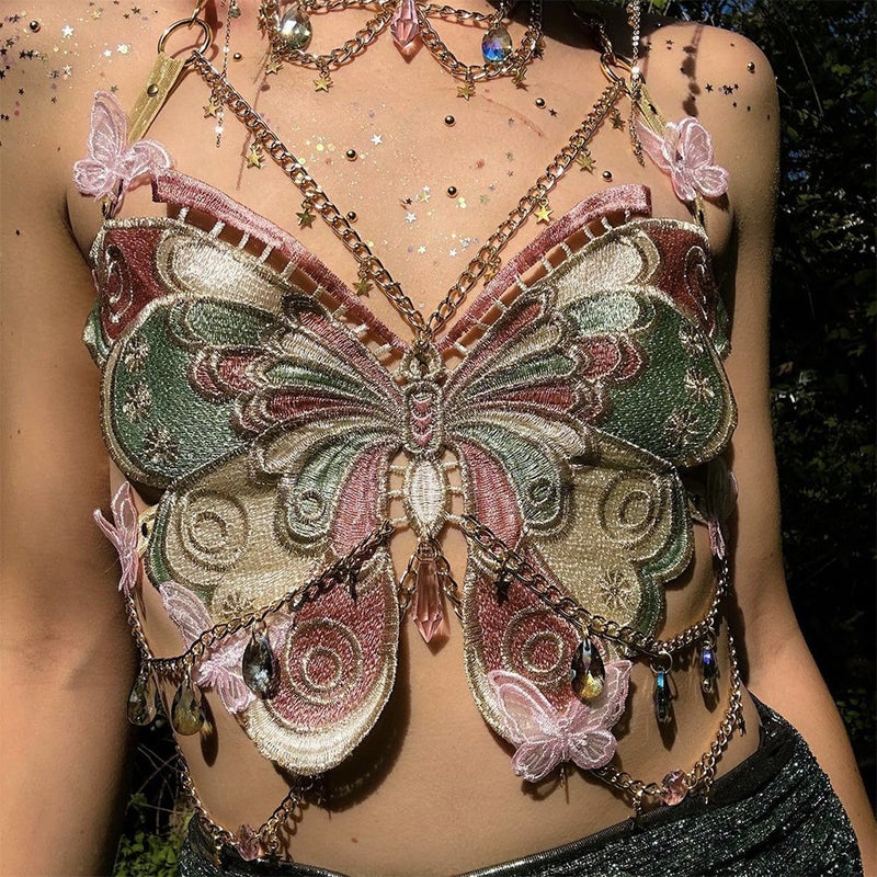 European Trend Embroidered Butterfly Metal Crystal Decor Cropped Camisole - Image 1