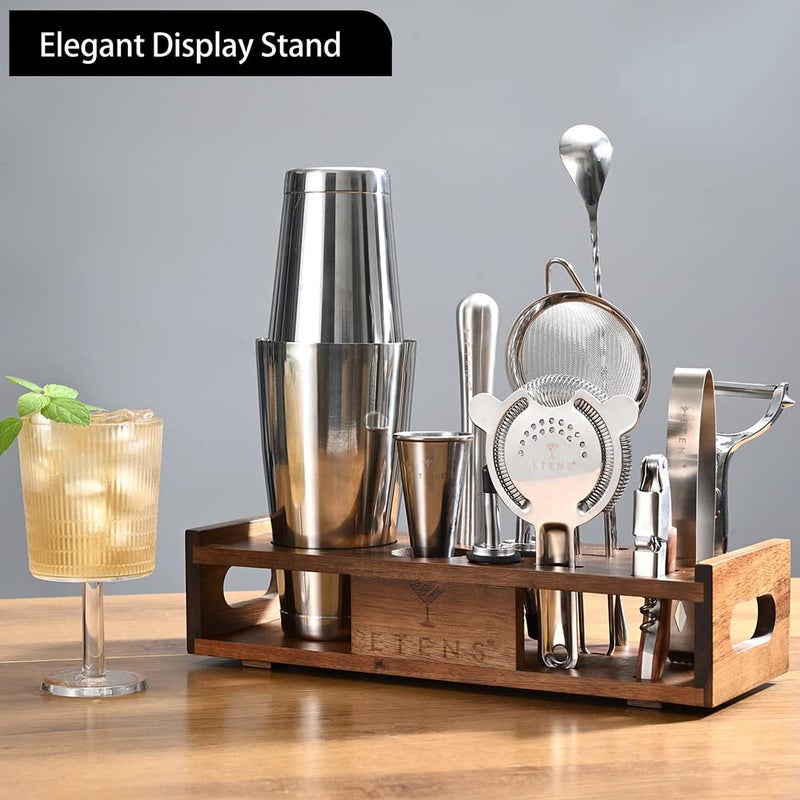 Etens Premium 15-Piece Mixology Bartender Kit â€“ Stainless Steel Cocktail Shaker Set with Wooden Stand | Professional Boston Shaker Bar Tool Set for Home & Expert Mixologists | Luxury Cocktail Making Gift - Image 3