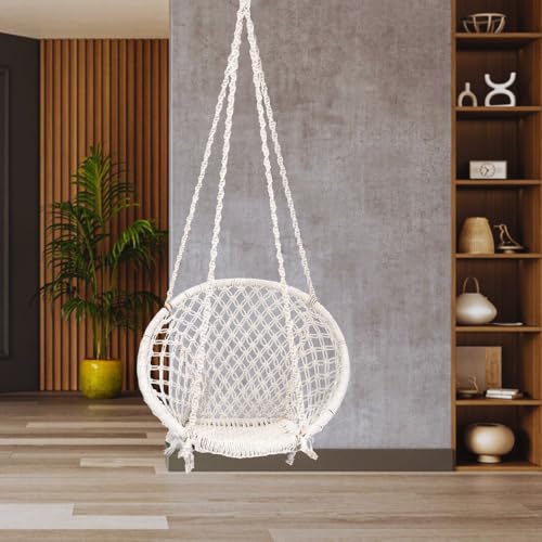 Patiofy Cotton Swing for Adults & Kids/Swing for Adults for Home, for Living Room, Balcony, and Outdoor/Capacity Upto 120 Kgs/Includes Free Hanging Accessories/Handmade Jhoola (Off White) - Image 1