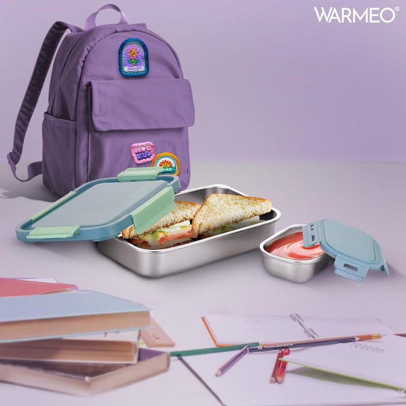WARMEO صندوق غداء محكم الإغلاق من الفولاذ المقاوم للصدأ، خفيف الوزن، سهل التنظيف، مثالي للمكتب، المدرسة، النزهات والسفر، مجموعة من 2 (1000 مل + 150 مل) أزرق ونعناعي - Image 5