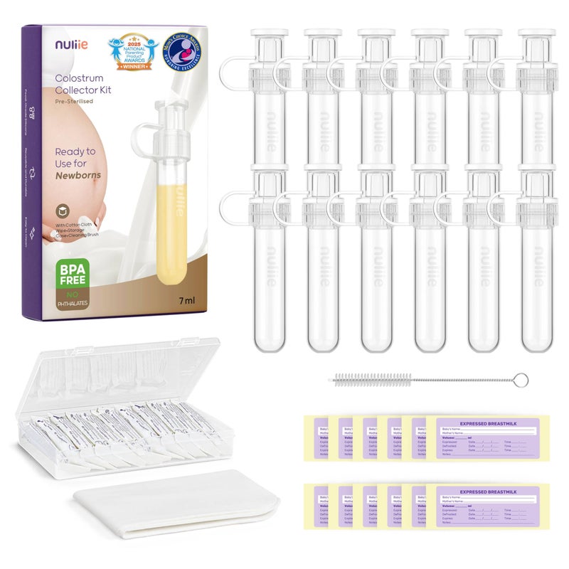 Nuliie Colostrum Collector Kit 7ml/12pcs, Leakproof, Reusable Breast Milk Collector, Heat & Freezer Resistant, BPA-Free, With Cotton Cloth Wipe, Storage Case, Cleaning Brush -Ready-to-Use for Newborns - Image 1