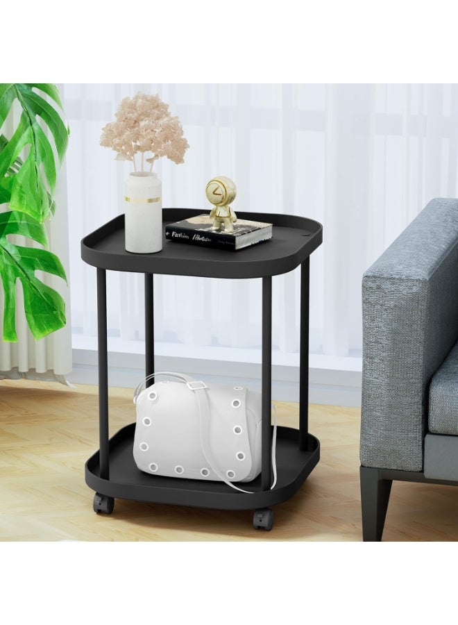 والالا طاولة قهوة مستديرة بعجلات، طاولة جانبية بلاستيكية، طاولة جانبية متحركة بطبقتين، مع عجلتين قابلتين للقفل، لغرفة المعيشة أو غرفة النوم أو الشرفة أو الفناء، لون أسود - Image 5