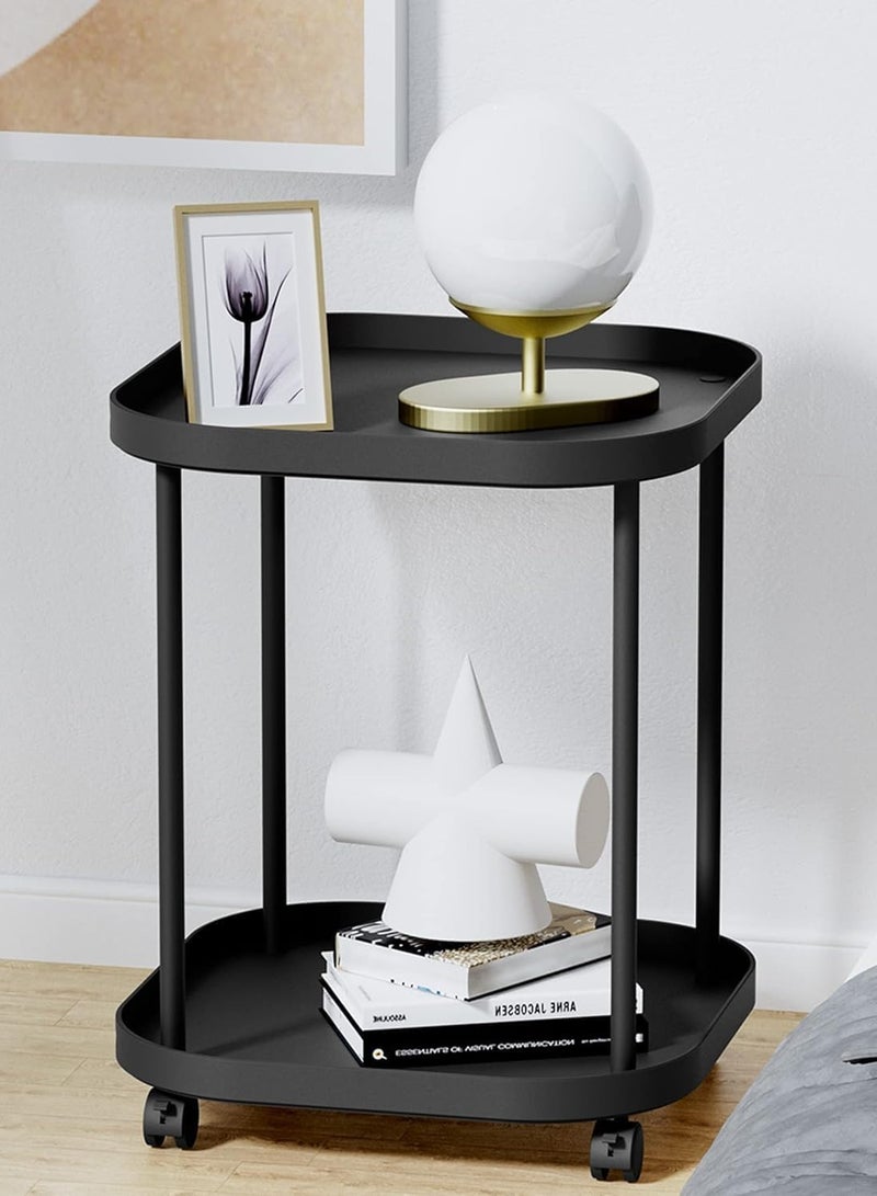 والالا طاولة قهوة مستديرة بعجلات، طاولة جانبية بلاستيكية، طاولة جانبية متحركة بطبقتين، مع عجلتين قابلتين للقفل، لغرفة المعيشة أو غرفة النوم أو الشرفة أو الفناء، لون أسود - Image 1