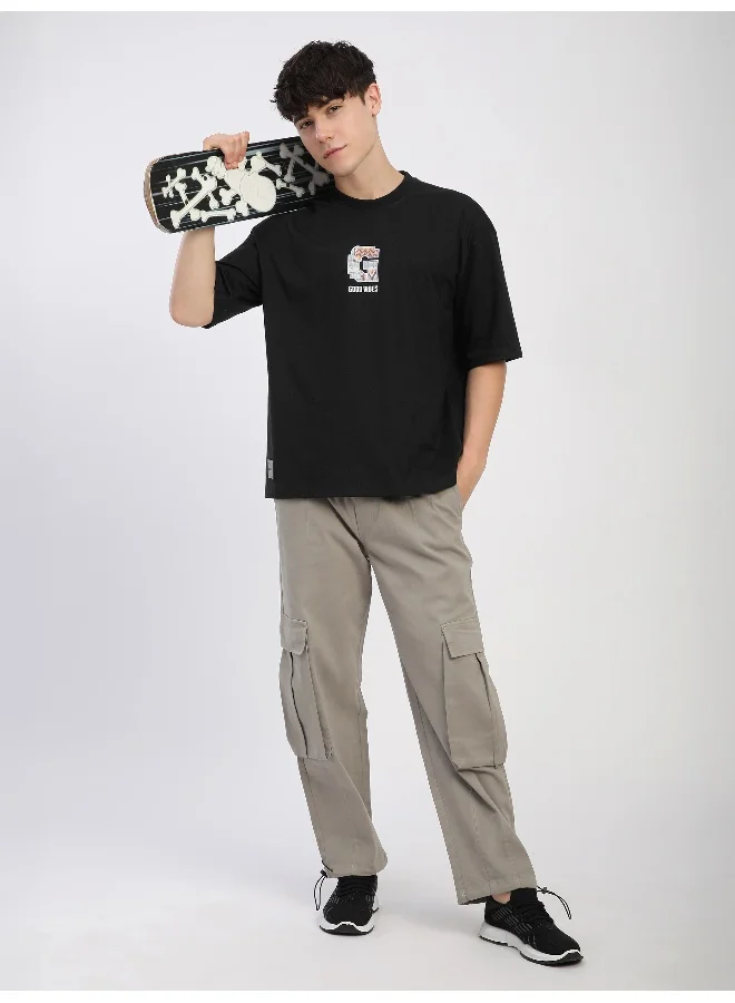 Beyoung Black Chest Patch Oversized T-Shirt