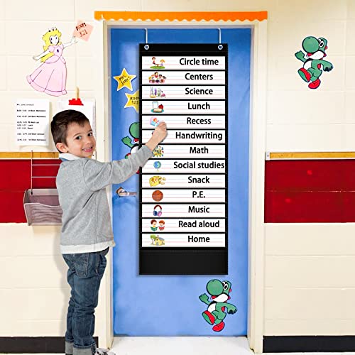 AKAYOK Daily Schedule Pocket Chart, 13+1 Pocket Visual Schedule Chart, 18 Double-Sided Blank Reusable Dry-Eraser Cards, Educational Schedule Charts for Classroom Homeschooling Toddlers-Black - Image 4
