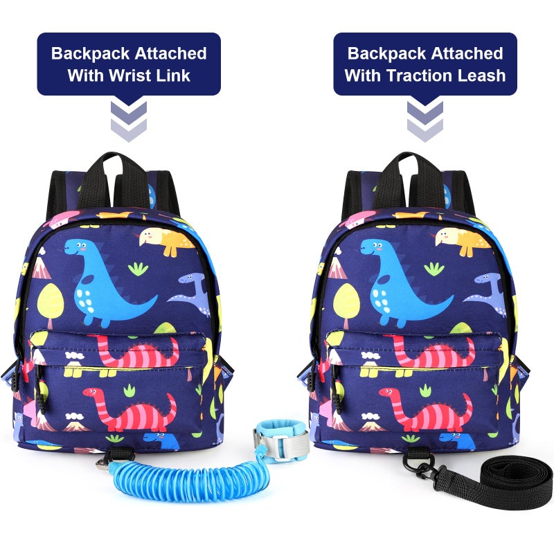 Accmor Toddler Backpack Leash with Anti Lost Wrist Link, Cute Mini Child Walking Harnesses Keep Kids Close Back Pack Rope Tether Rein for Baby Boys (Navy Blue/Dino) - Image 4