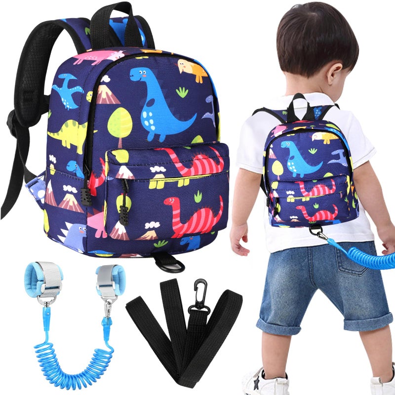 Accmor Toddler Backpack Leash with Anti Lost Wrist Link, Cute Mini Child Walking Harnesses Keep Kids Close Back Pack Rope Tether Rein for Baby Boys (Navy Blue/Dino) - Image 1