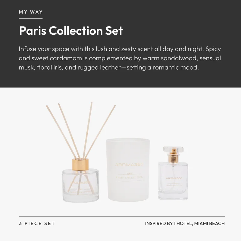 Aroma360  My Way - Paris Collection - 3 Piece Set - Scented Candle, Reed Diffuser & Room Spray - Sandalwood, Virginia Cedar, & Beautiful Iris  | Best Price UAE