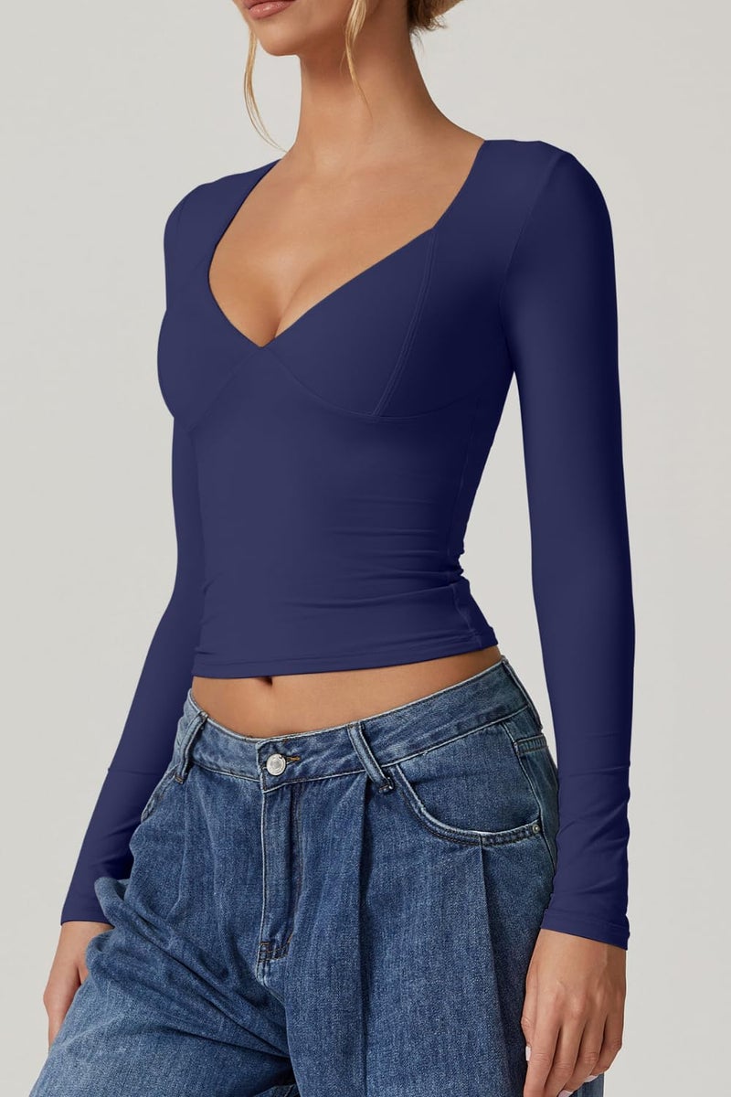QINSEN Going Out Tops for Women Long Sleeve Sweetheart Neck Double Lined Tee Shirt Stretchy V Neck Top Estate Blue L - Image 4