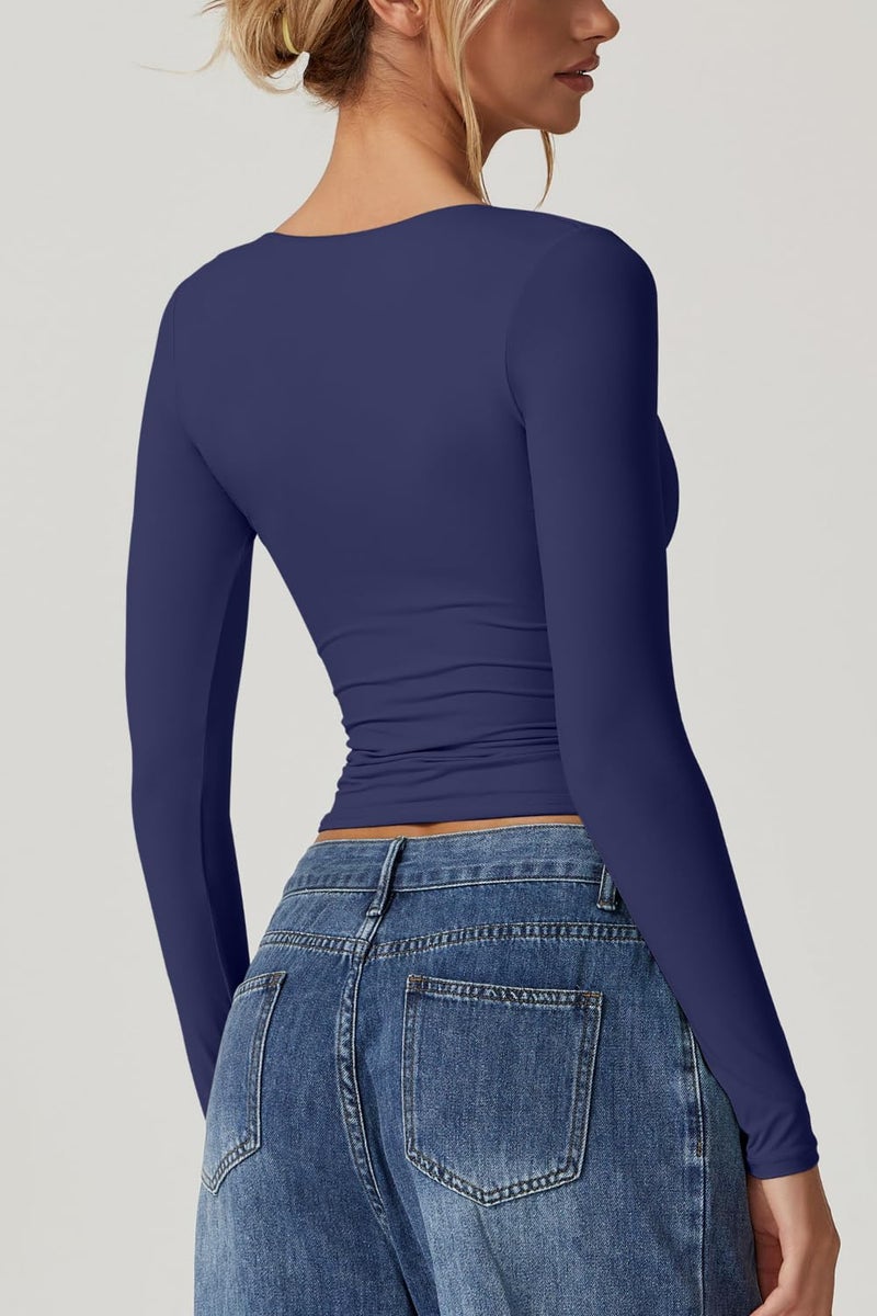QINSEN Going Out Tops for Women Long Sleeve Sweetheart Neck Double Lined Tee Shirt Stretchy V Neck Top Estate Blue L - Image 2