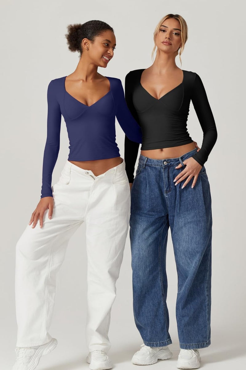 QINSEN Going Out Tops for Women Long Sleeve Sweetheart Neck Double Lined Tee Shirt Stretchy V Neck Top Estate Blue L - Image 5
