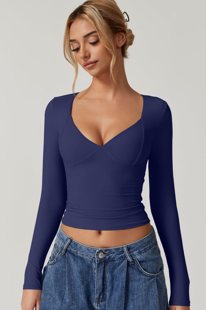 QINSEN Going Out Tops for Women Long Sleeve Sweetheart Neck Double Lined Tee Shirt Stretchy V Neck Top Estate Blue L - Image 3