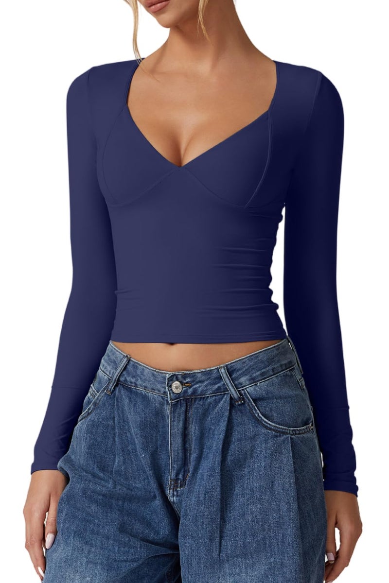 QINSEN Going Out Tops for Women Long Sleeve Sweetheart Neck Double Lined Tee Shirt Stretchy V Neck Top Estate Blue L - Image 1