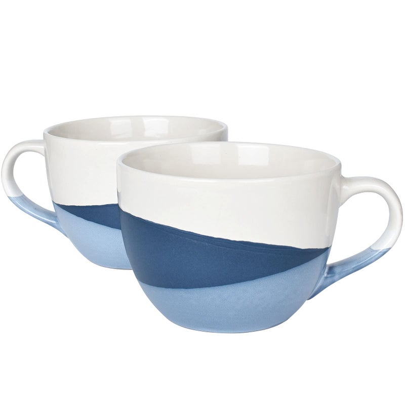 Bosmarlin Large Stoneware Coffee Latte Mug Set of 2 Jumbo Soup Mugs for Office and Home 18 Oz Dishwasher and Microwave Safe Geometry Style Blue 2
