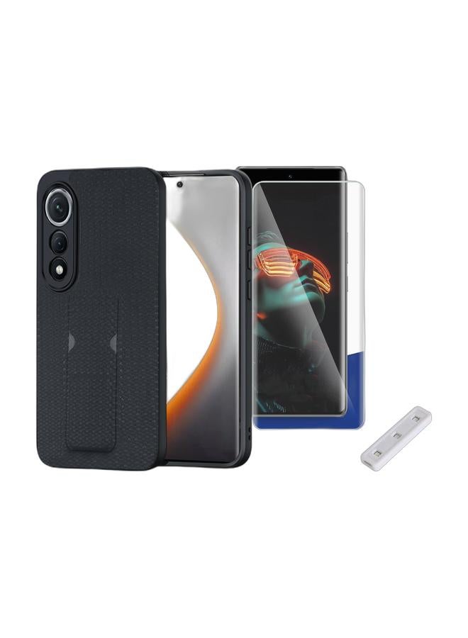 Wtech Tecno Pova Curve 5G 2025 Soft Silicone Case with Grip, Protective Cover Texture Case Cover (MCGHSN) - Black & Tecno Pova Curve 5G 2025 Premium Curved Edges UV Full Glue Full Cover Tempered Glass Screen Protector (MSGUCN) - Clear Bundle - Image 1