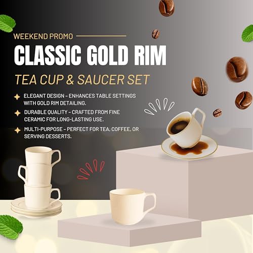 TAGROCK Fine Bone China Swiss Esperion Luxury White Tea Cup Saucer, Set of 6 Piece, (6 Cups & 6 Saucers), 200Ml, White - Image 4