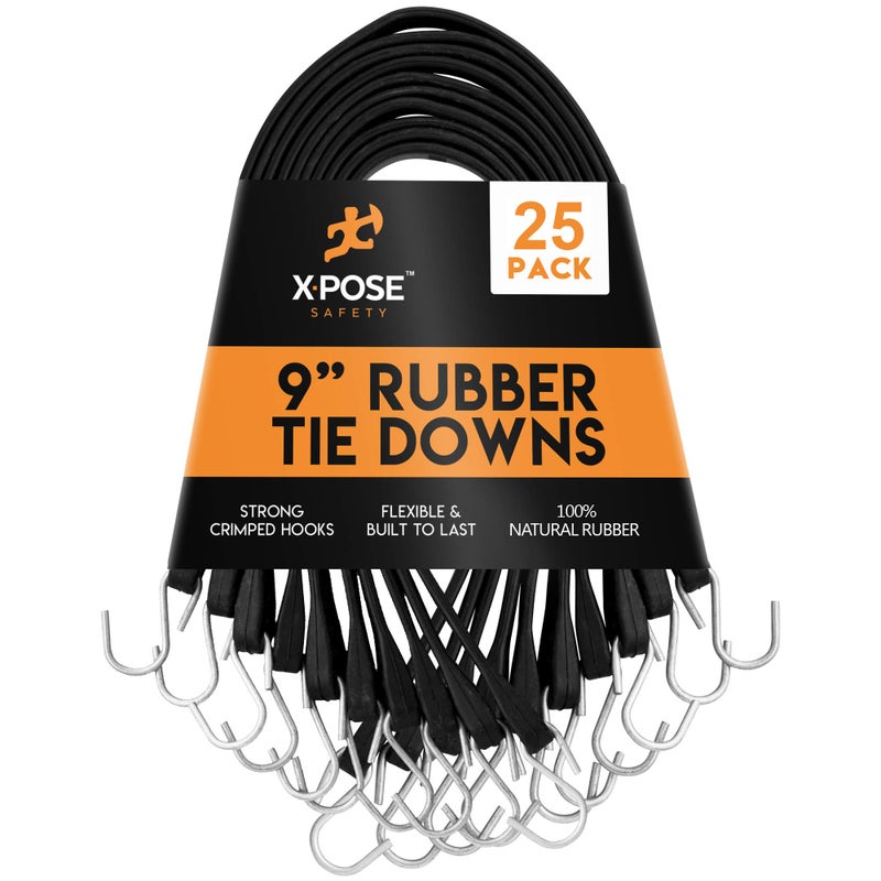 Rubber Bungee Cords with Hooks 25 Pack 9 Inch 14 Max Stretch HeavyDuty Black Tie Down Straps for Outdoor Tarp Covers Canvas Canopies Motorcycle and Cargo  by Xpose Safety